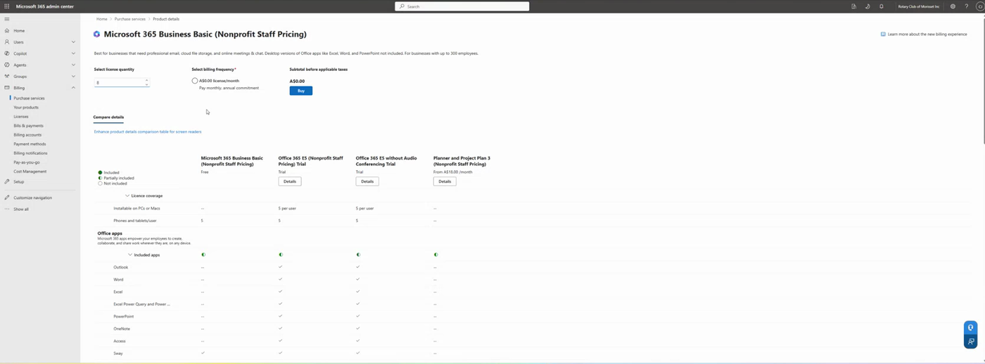 Microsoft 365 Business Basic Nonprofit Staff Pricing product page showing licence quantity of 8, billing frequency of A$0.00 per licence per month with annual commitment, and a subtotal of A$0.00