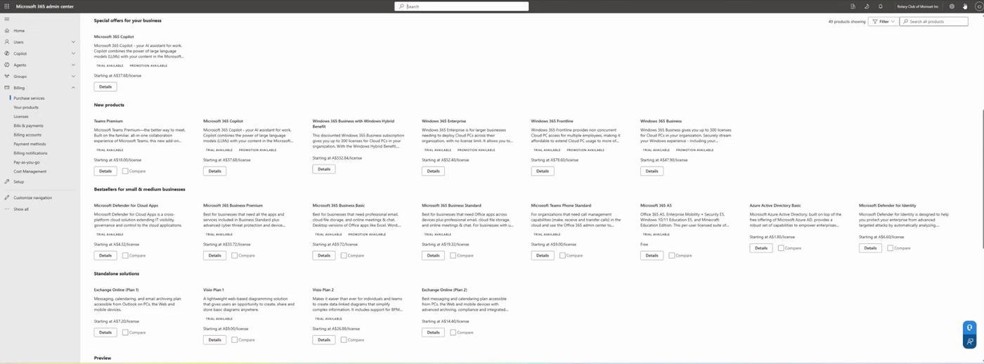 The Purchase from Microsoft catalogue showing 49 products, each displaying a monthly price