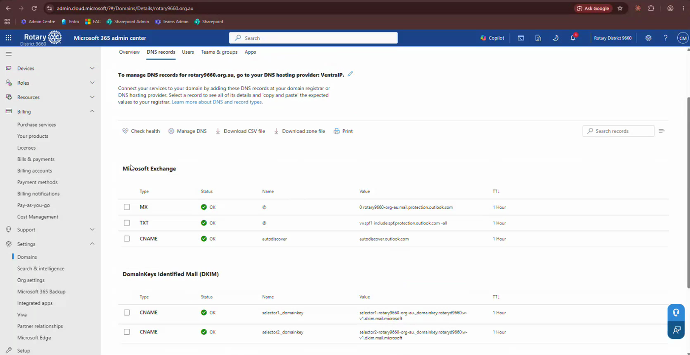 Microsoft 365 admin centre DNS records page showing Microsoft Exchange records for MX, TXT and CNAME, and two DKIM CNAME records, all with a status of OK