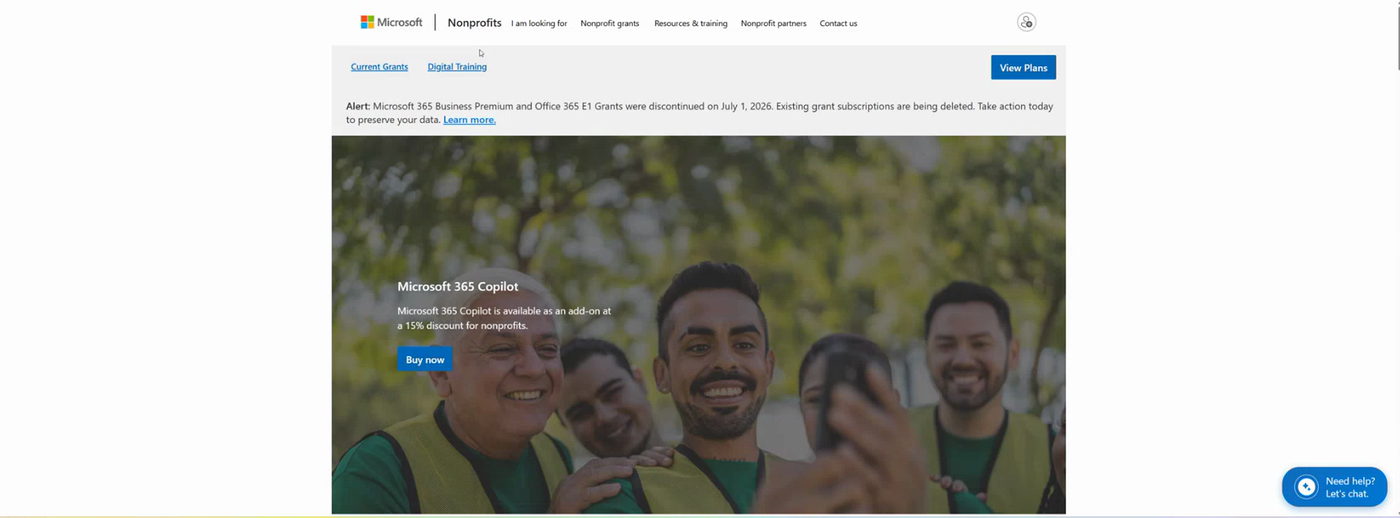 Microsoft Nonprofits offers page showing the alert that Microsoft 365 Business Premium and Office 365 E1 grants were discontinued on 1 July 2026 and existing grant subscriptions are being deleted