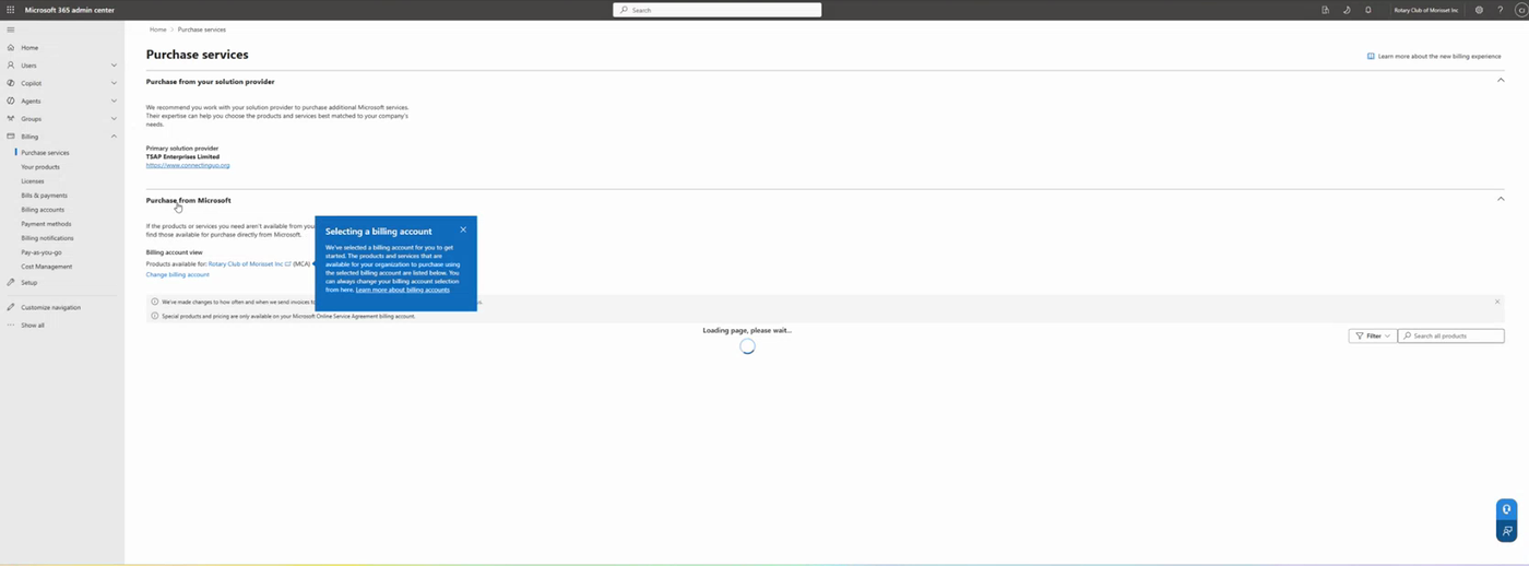 Microsoft 365 admin centre Purchase services page showing a Purchase from your solution provider section and a Purchase from Microsoft section