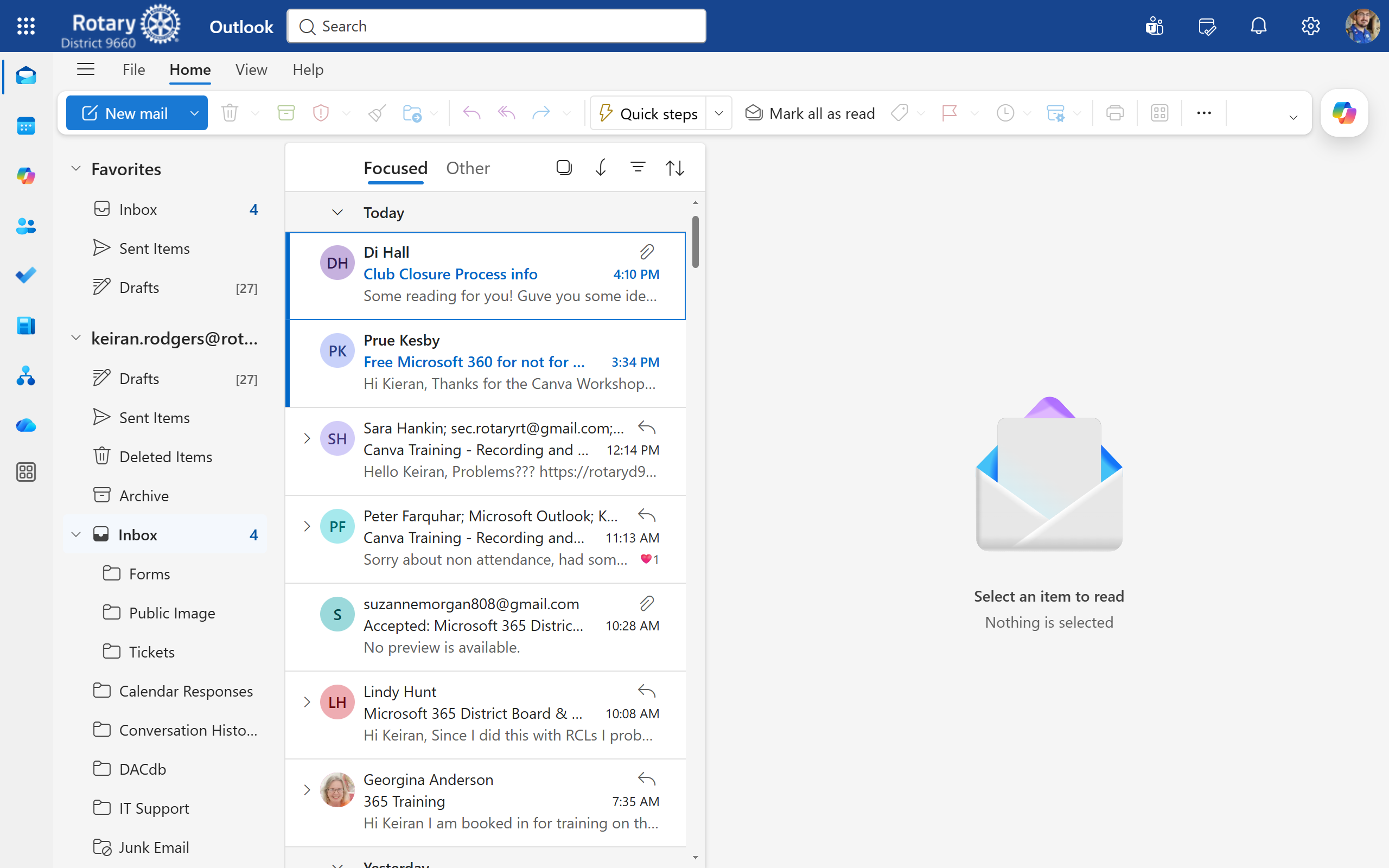 Outlook web showing shared inbox in left sidebar