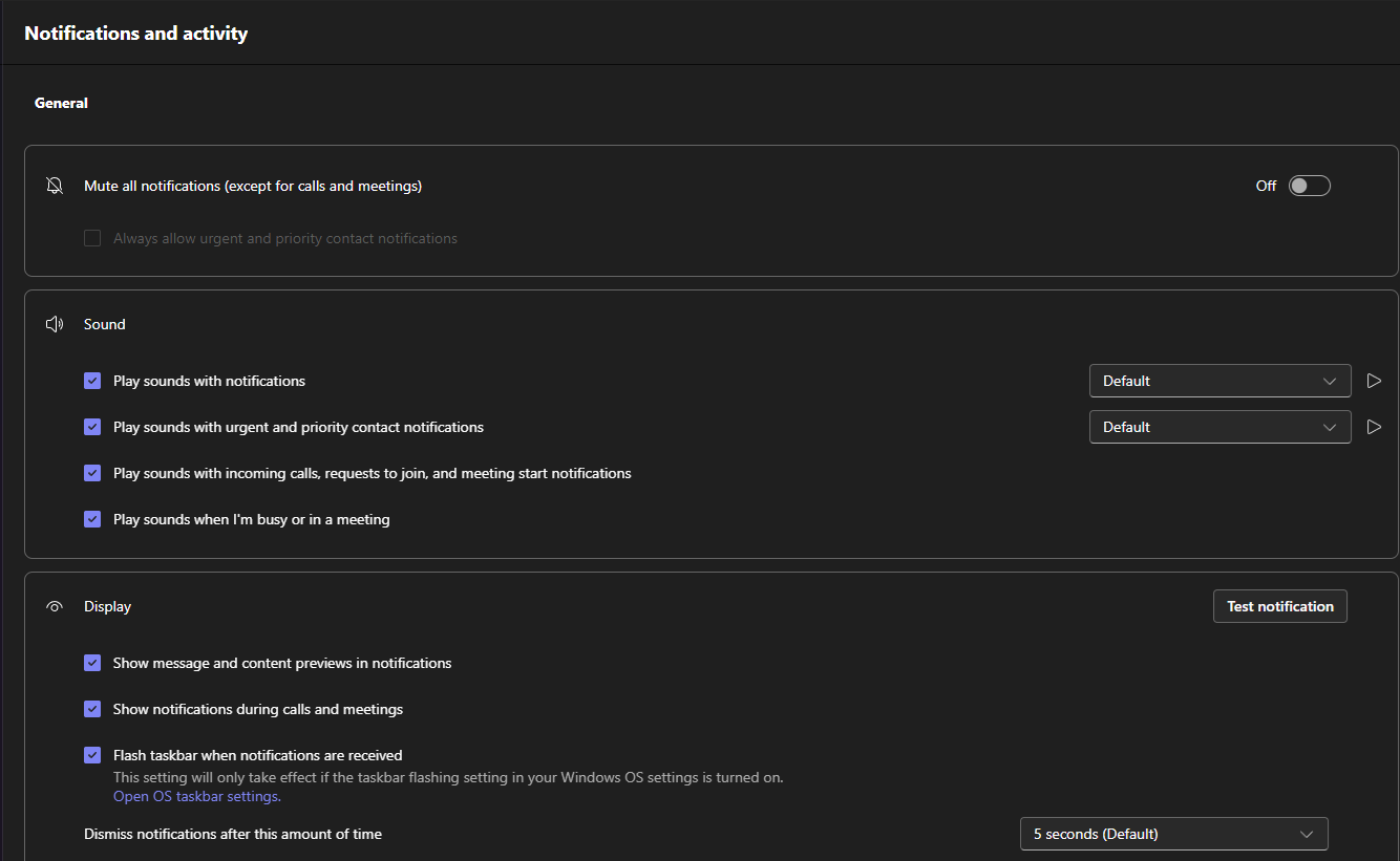 Teams notification settings panel on desktop