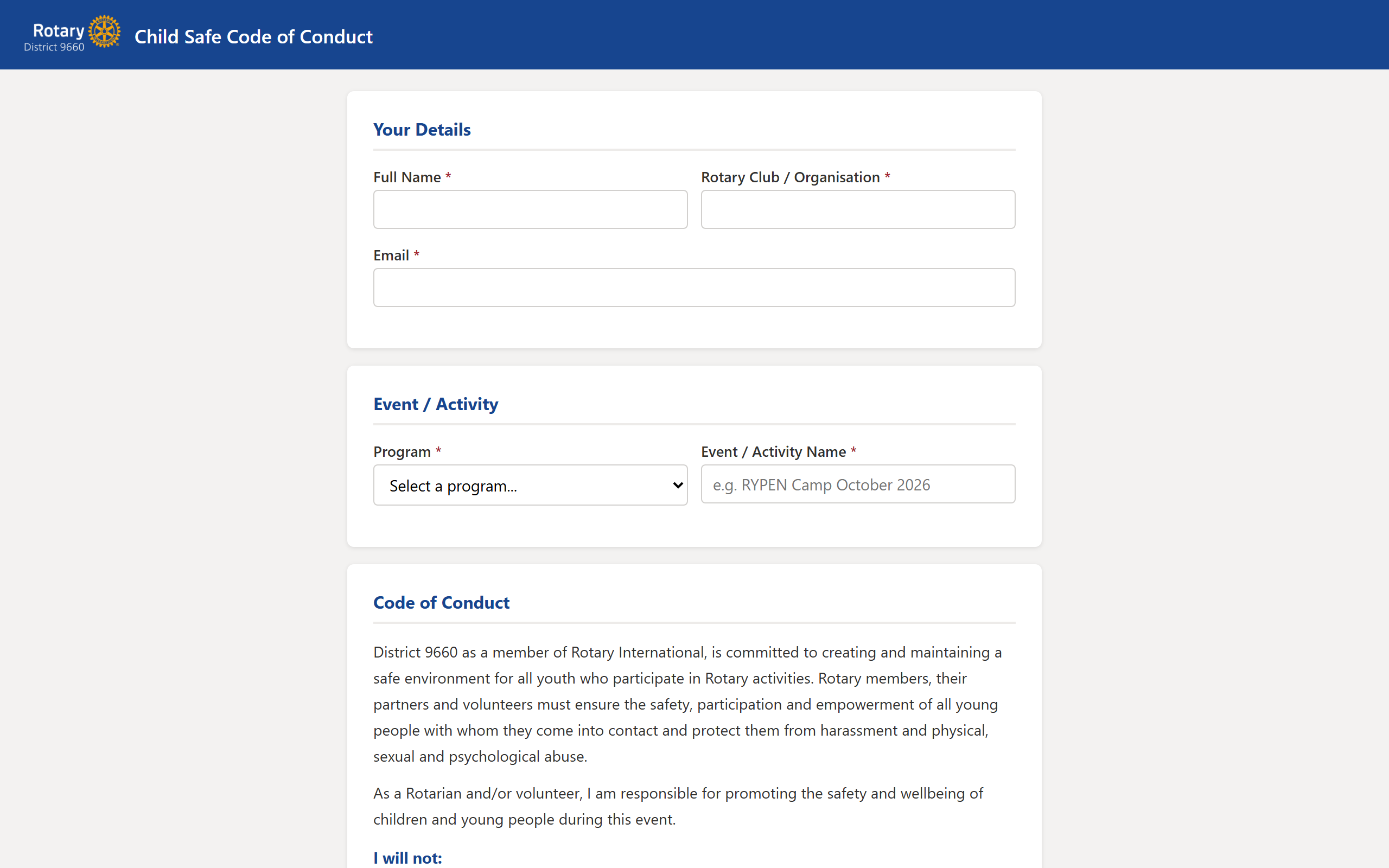 Child Safe Code of Conduct form showing the Your Details, Event / Activity, and Code of Conduct sections