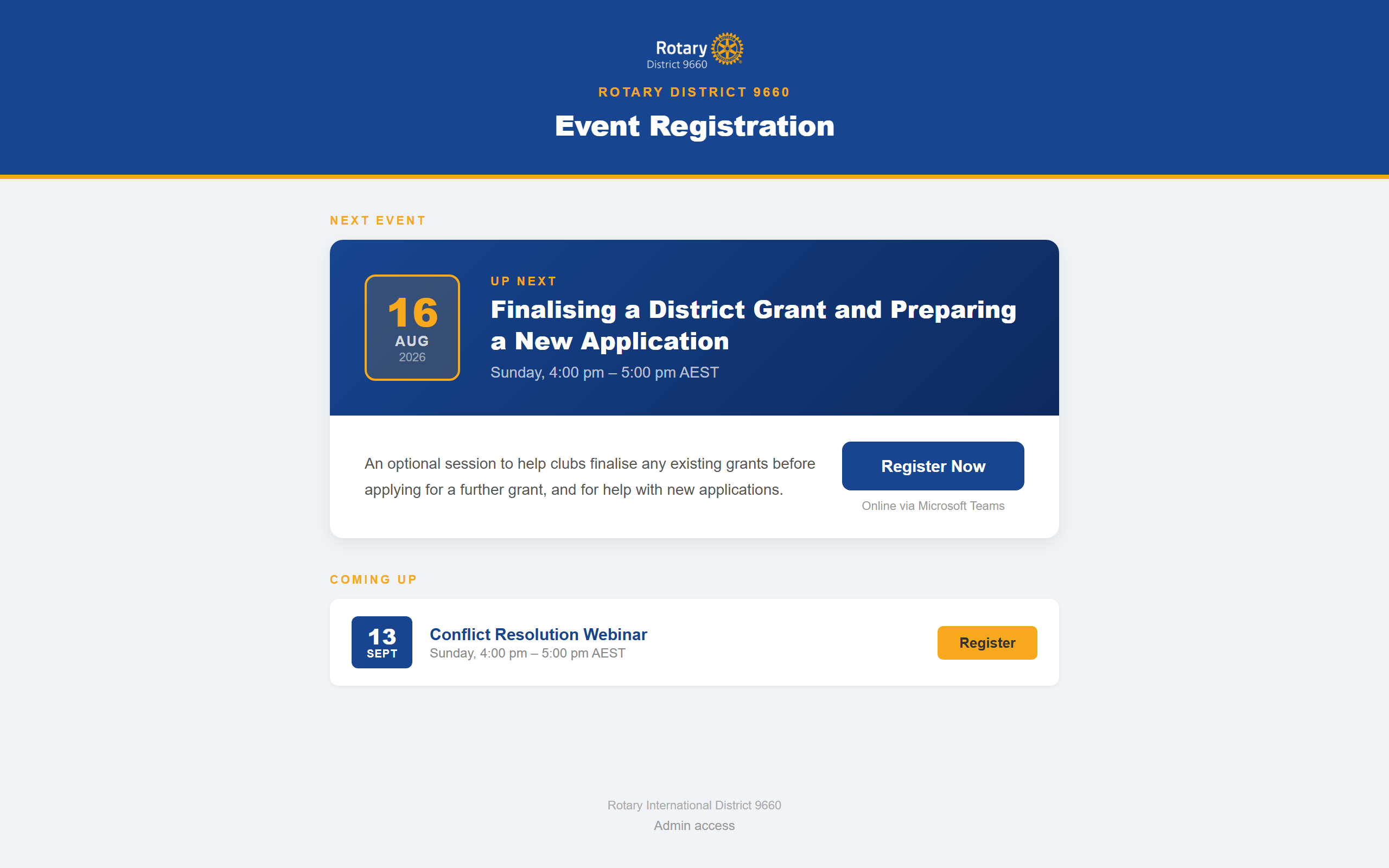 Event Registration page showing the next event as a featured card with a Register Now button and further events under Coming Up