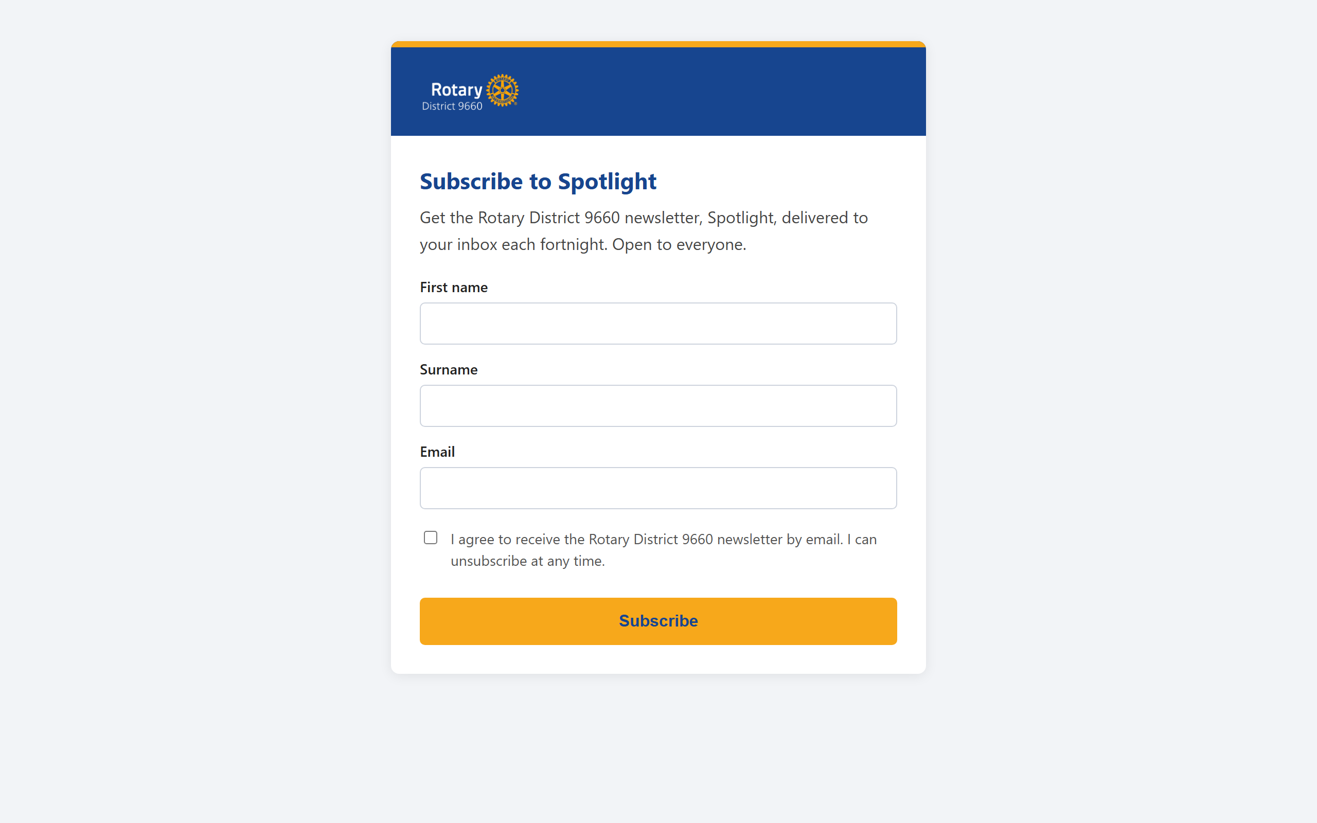 Subscribe to Spotlight form with first name, surname, email, and consent checkbox