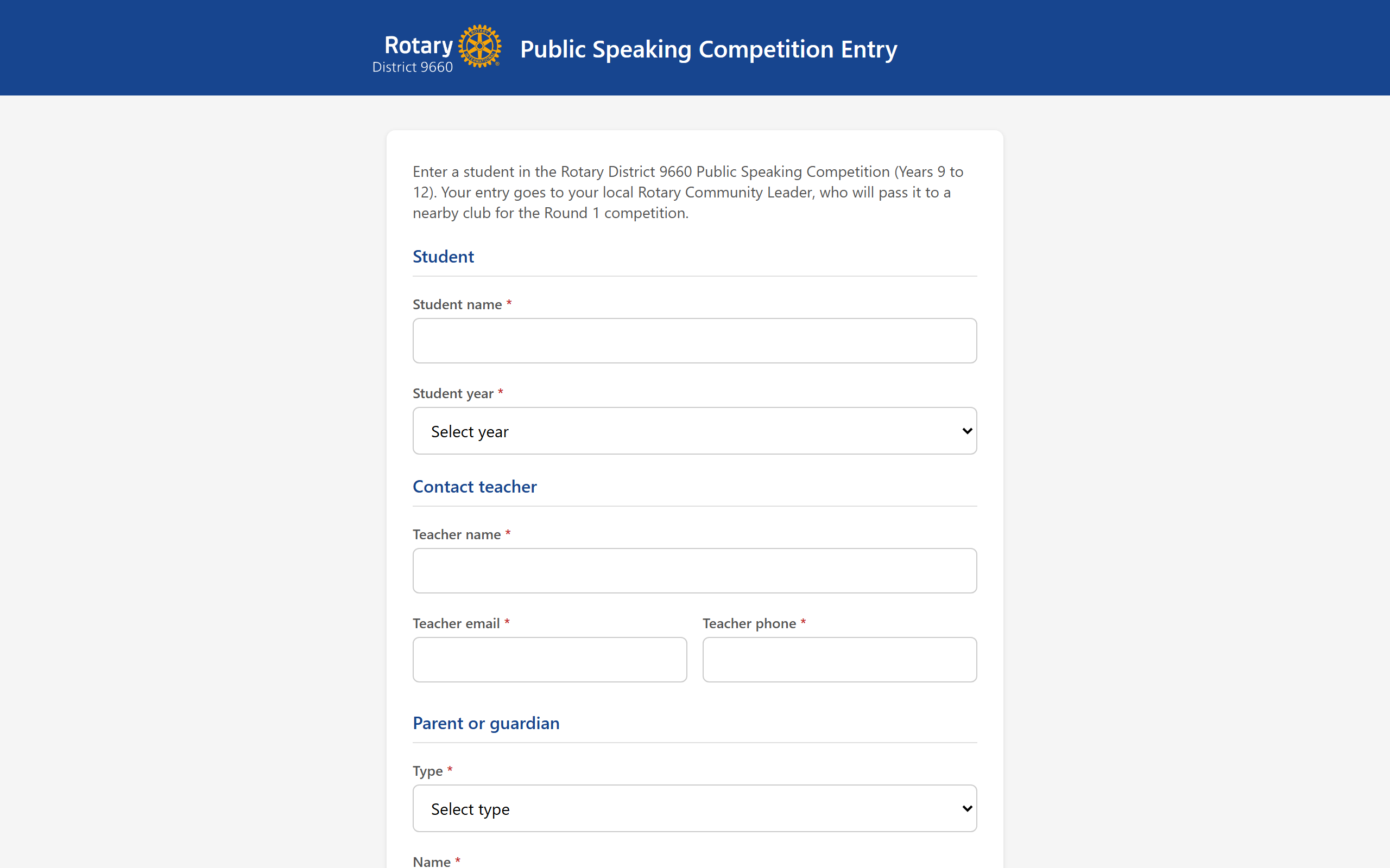 Public Speaking Competition Entry form showing the Student, Contact teacher, and Parent or guardian sections