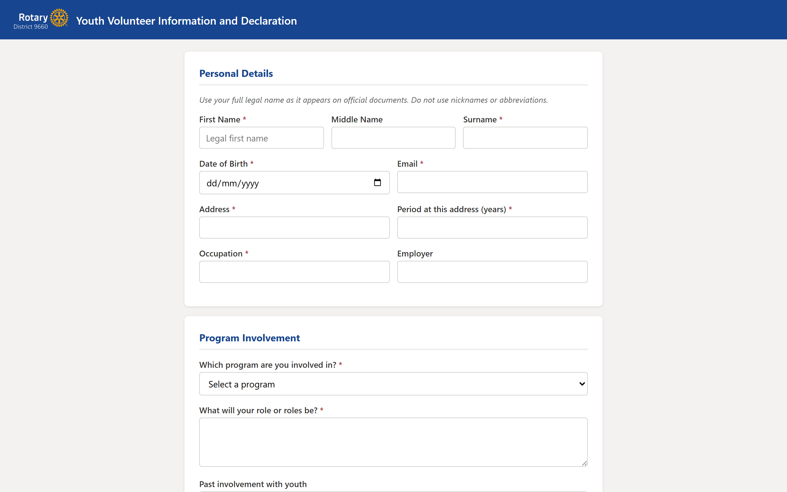 Youth Volunteer Information and Declaration form showing the Personal Details and Program Involvement sections