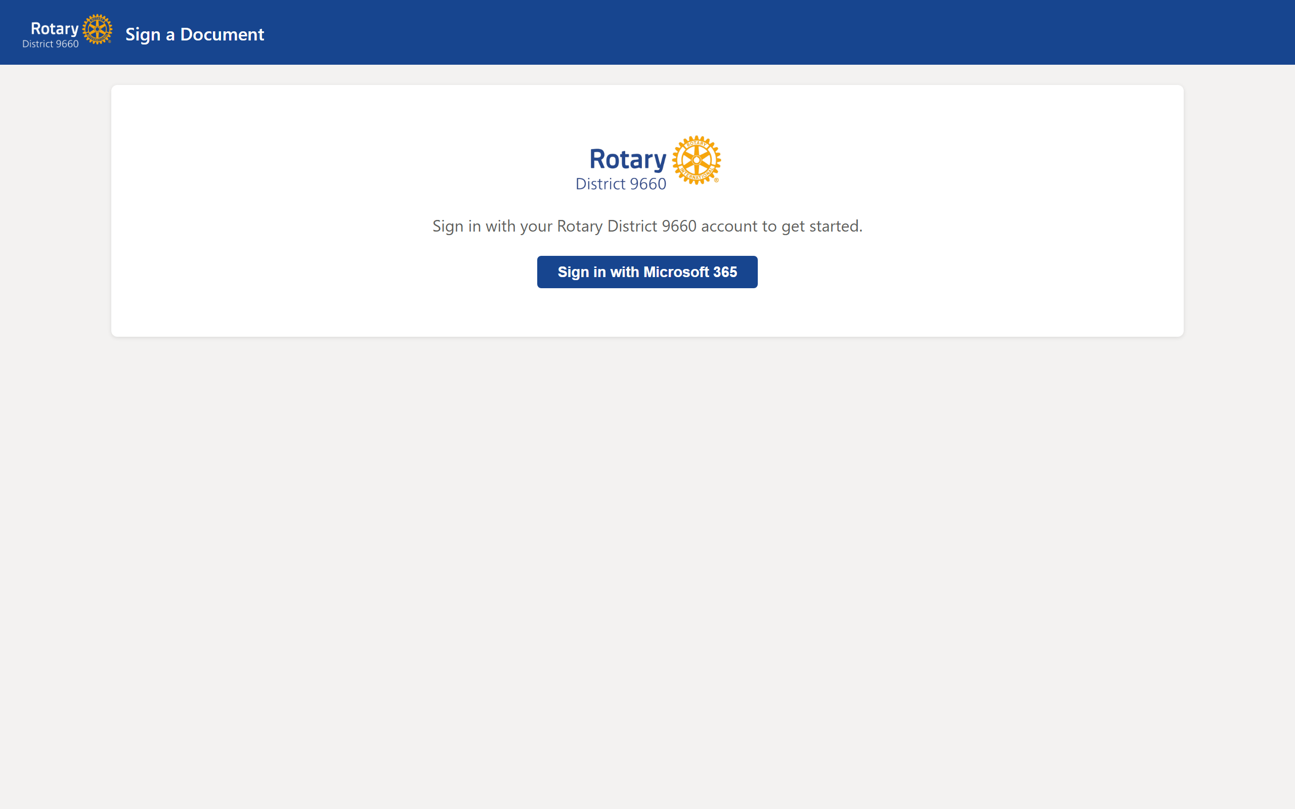 Sign a Document page prompting you to sign in with your Rotary District 9660 Microsoft 365 account