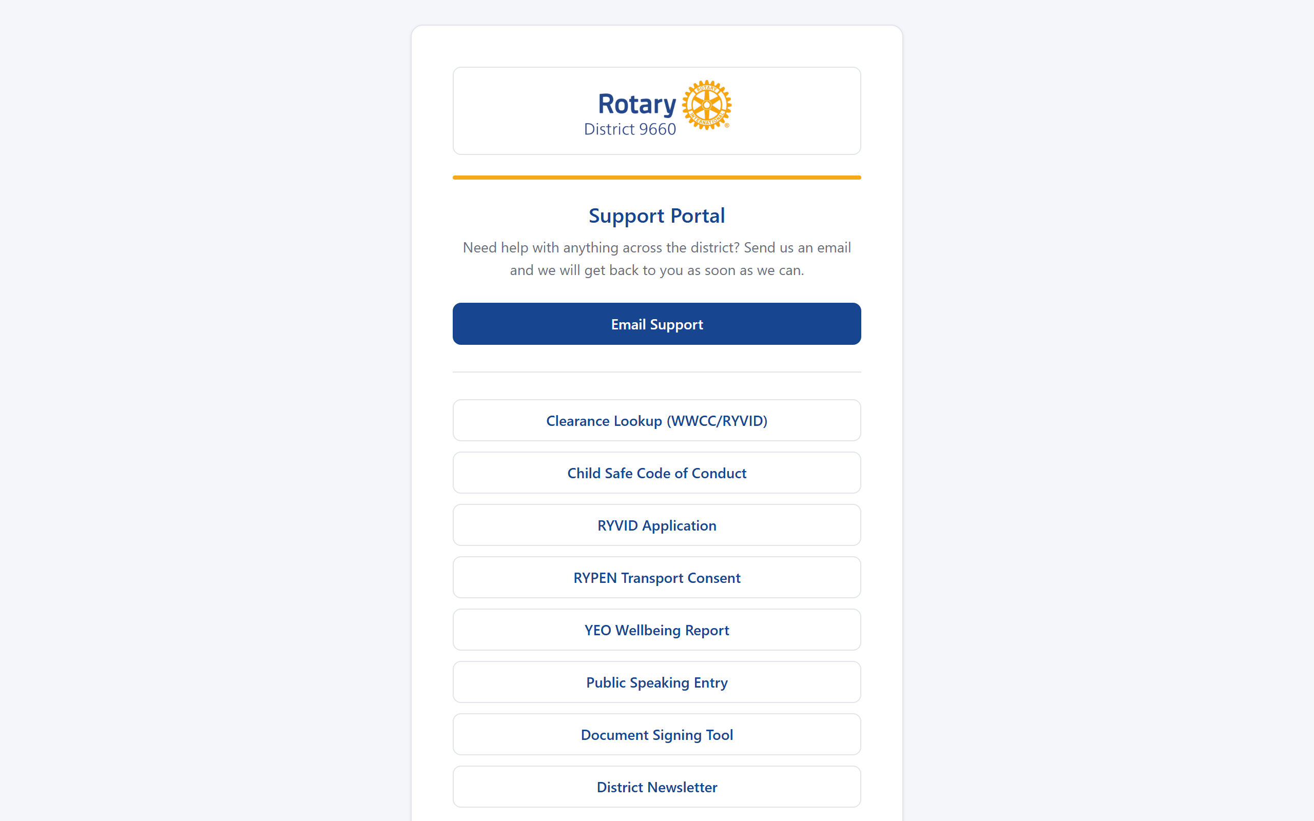 Support portal landing page listing every district tool: Clearance Lookup, Child Safe Code of Conduct, RYVID Application, RYPEN Transport Consent, YEO Wellbeing Report, Public Speaking Entry, Document Signing Tool, and District Newsletter