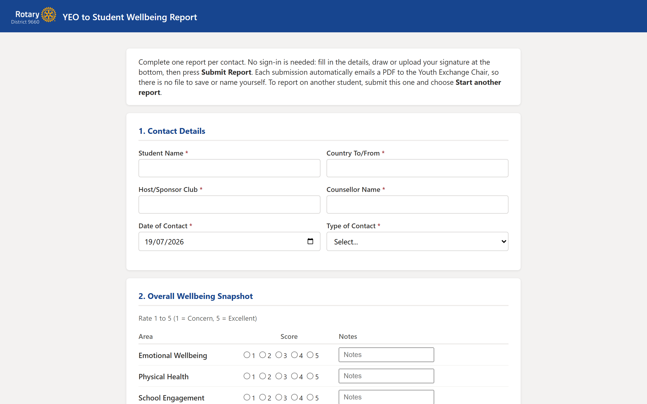 YEO to Student Wellbeing Report form showing the Contact Details and Overall Wellbeing Snapshot sections